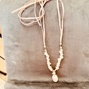 Rose Quartz Necklace w/Double Pink Felt Cord Large Main Stone w/Several Chips